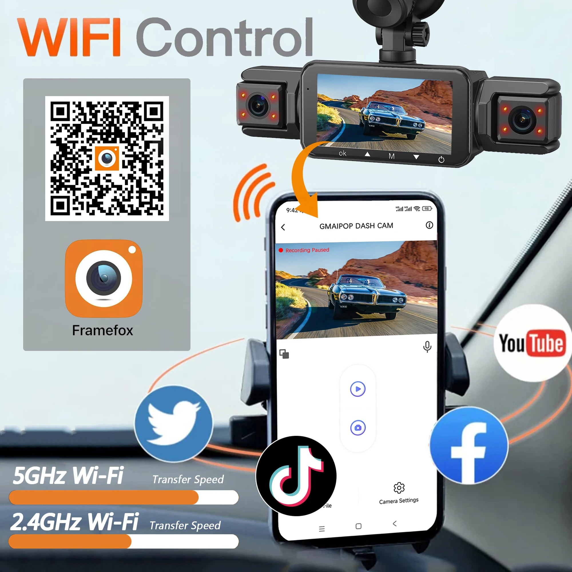 4-Channel FHD 1080P WiFi Dashcam with Night Vision, Loop Recording, and Hardwire Kit