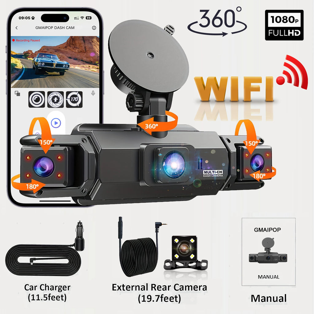 4-Channel FHD 1080P WiFi Dashcam with Night Vision, Loop Recording, and Hardwire Kit
