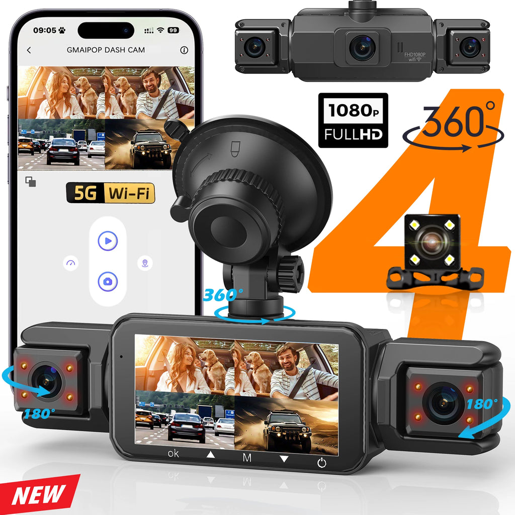 4-Channel FHD 1080P WiFi Dashcam with Night Vision, Loop Recording, and Hardwire Kit
