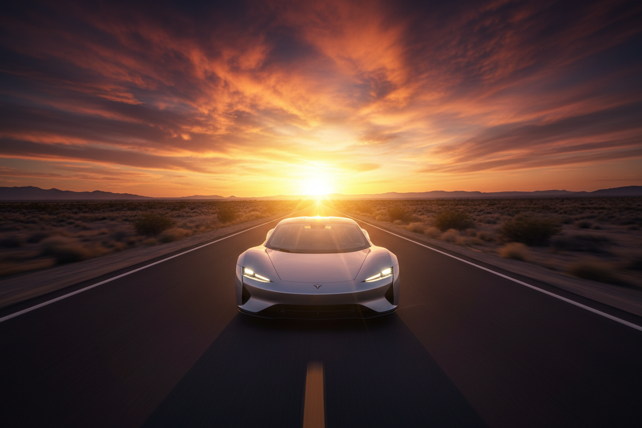 car running on road towards sun
